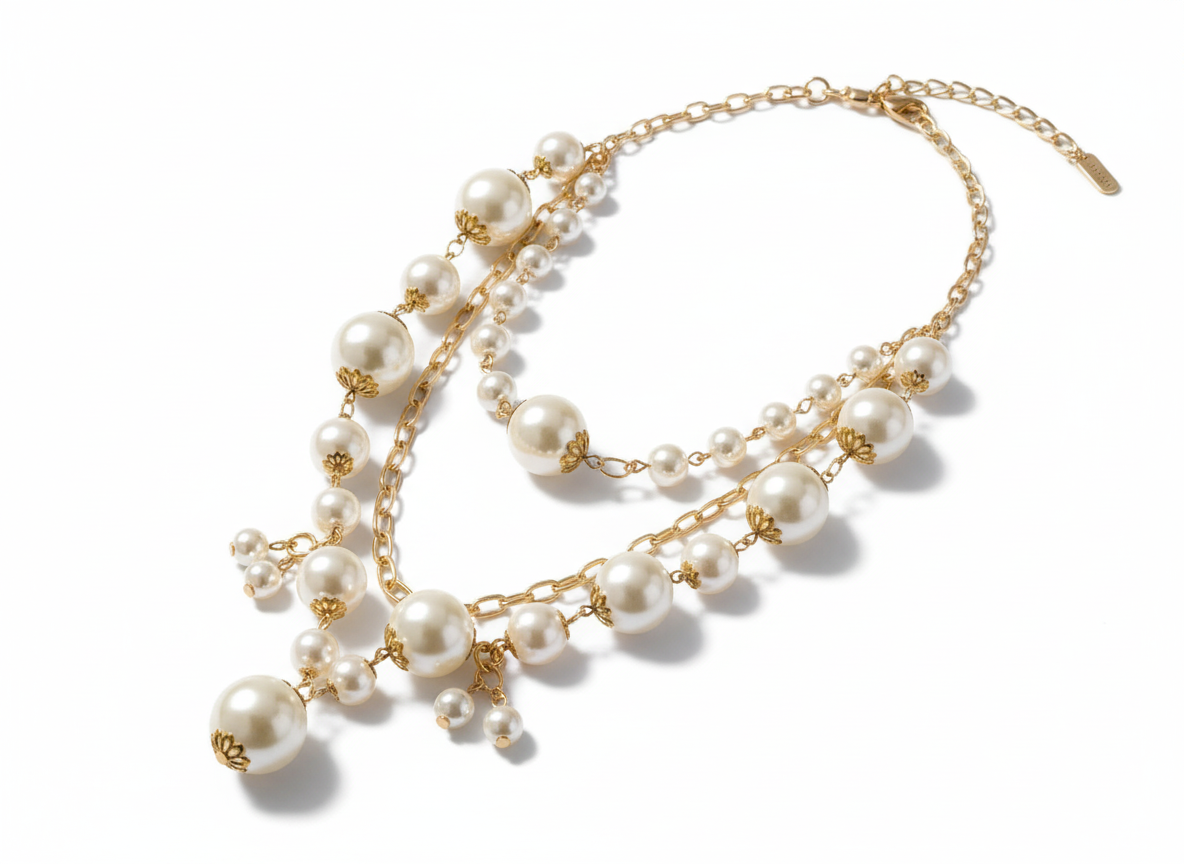 Gold Layered Pearl Necklace – Handmade Adjustable Long Gold Plated Jewelry