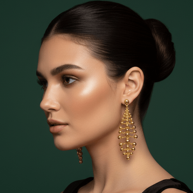 Gold Plated Architectural Beaded Chandelier Earrings- 8cm