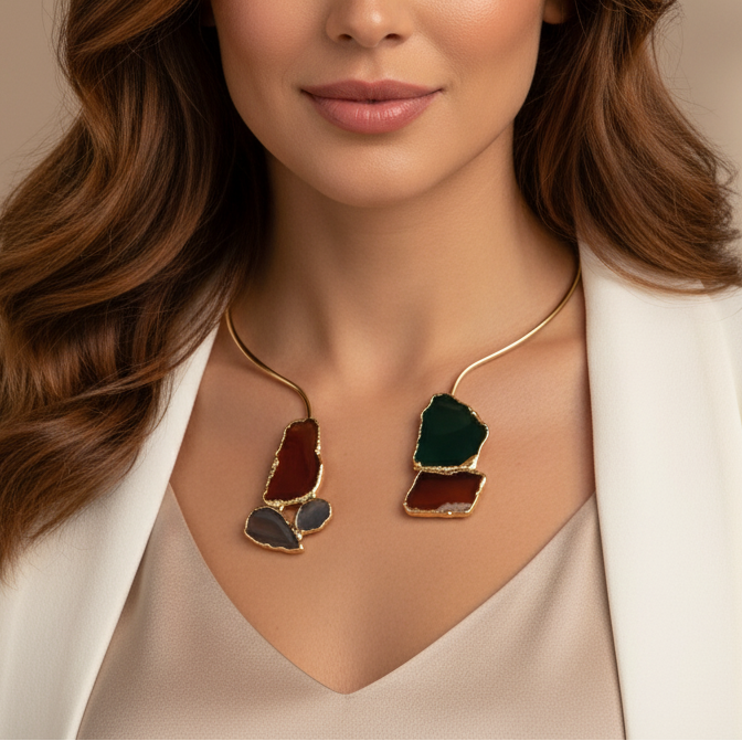 Gold Plated Open CollarChoker Necklace with Natural Agate