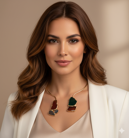 Gold Plated Open CollarChoker Necklace with Natural Agate worn by a model, showcasing its unique stone design and elegance.