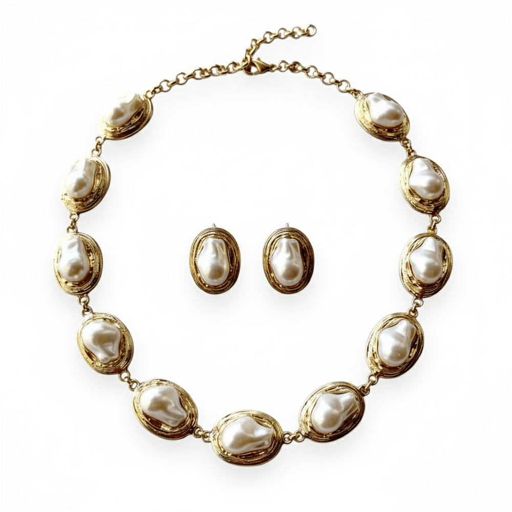 Handmade Gold Plated Baroque Pearl Necklace Statement & Earrings Set - Aramele