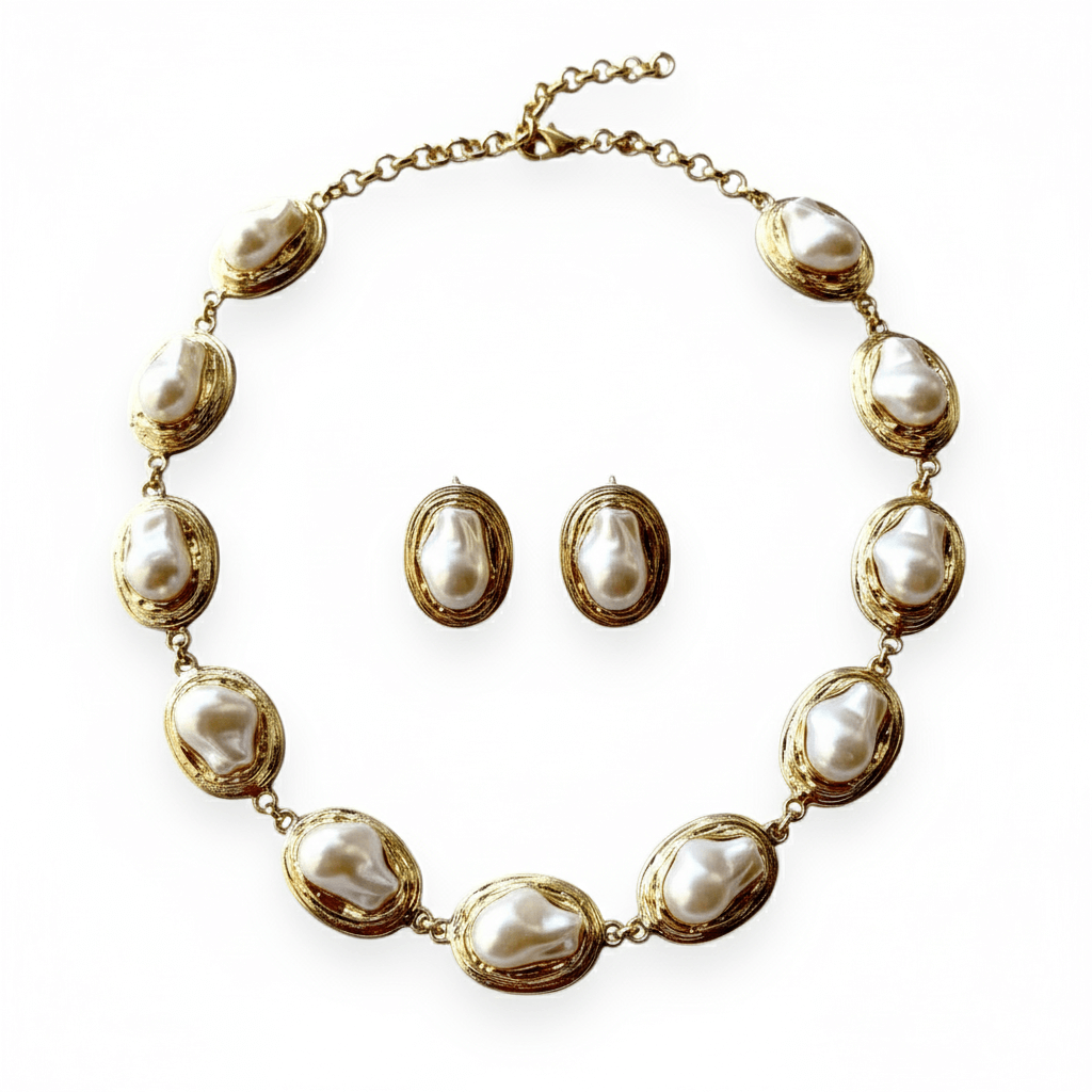 Handmade Gold Plated Baroque Pearl Necklace Statement & Earrings Set - Aramele