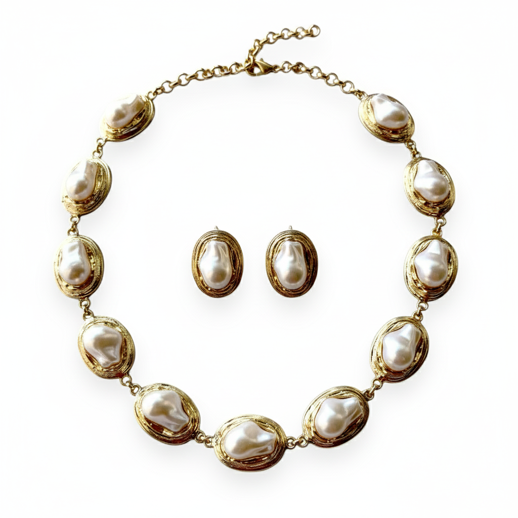 Handmade Gold Plated Baroque Pearl Necklace Statement & Earrings Set