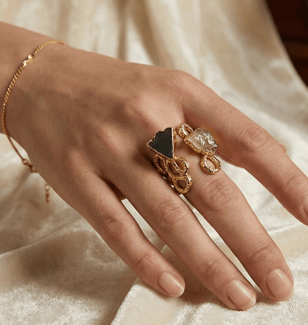 18K Gold Plated Raw Stone Duo Ring, Adjustable Band with Black Onyx & Clear Crystal