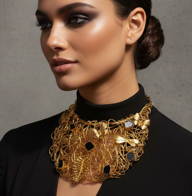 Handgemaakte 24k Vergulde "Golden Bloom" Statement Ketting - Natuurlijke Zwarte Toermalijn & Filigraan Vlinder Bib