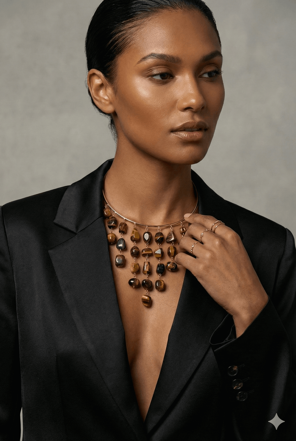 18K Gold Plated Tiger’s Eye Fringe Collar Choker Necklace