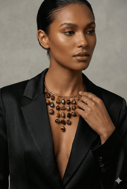 18K Gold Plated Tiger’s Eye Fringe Collar Choker Necklace