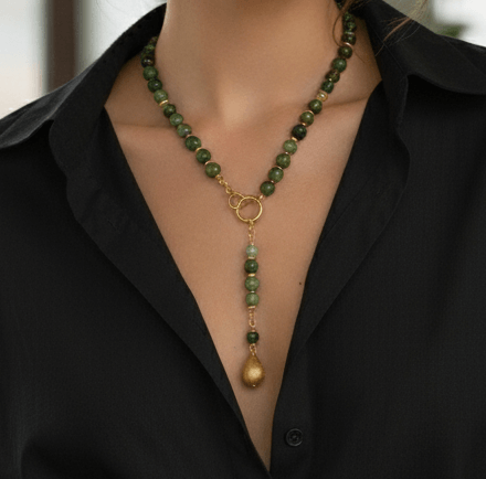 Emerald Hues Gold Plated Natural Stone Lariat Necklace - Handcrafted & Versatile