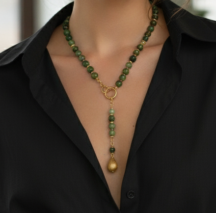 Emerald Hues Gold Plated Natural Stone Lariat Necklace - Handcrafted & Versatile
