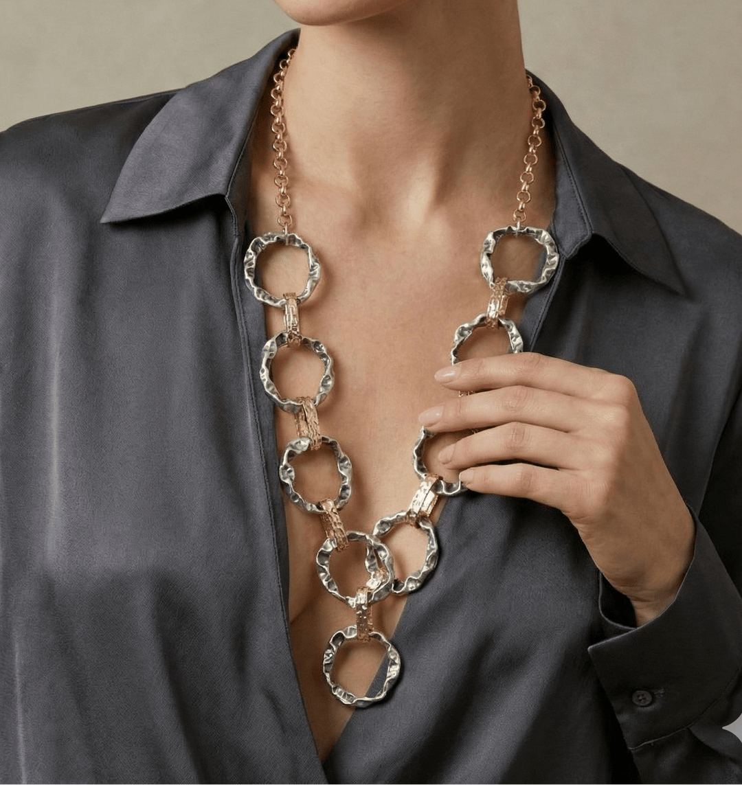 Luxury Two-Tone Chunky Chain Necklace | Hammered Silver & 18K Gold Plated Statement Link