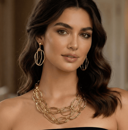 18k Gold Plated Textured Oval Link Layered Necklace & Earrings Set