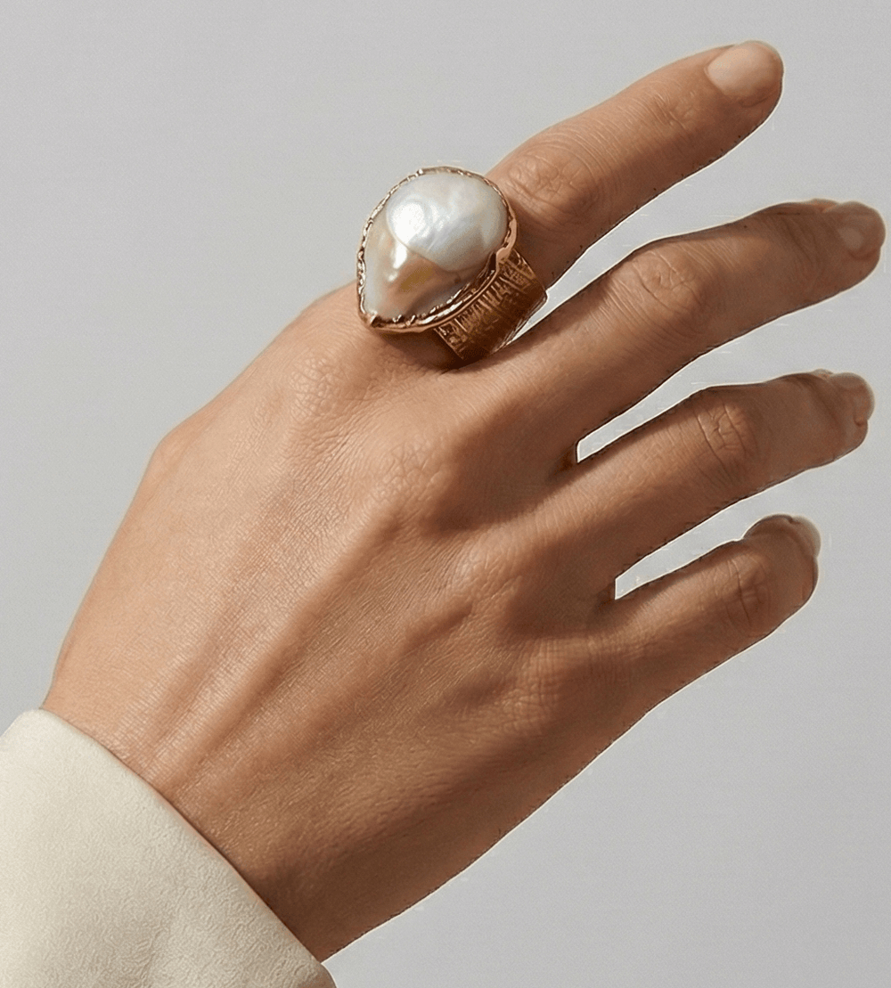 18k Gold Plated Baroque Pearl Statement Adjustable Ring