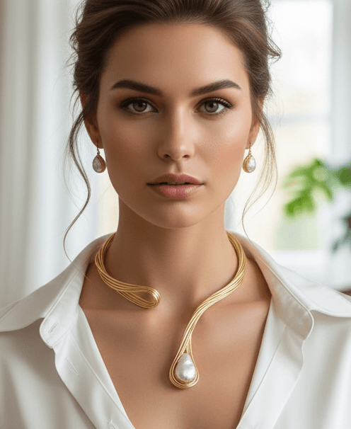 Gold Plated Choker Necklace – Handmade Baroque Pearl Jewelry Set with Adjustable Cuff Bracelet - Aramele