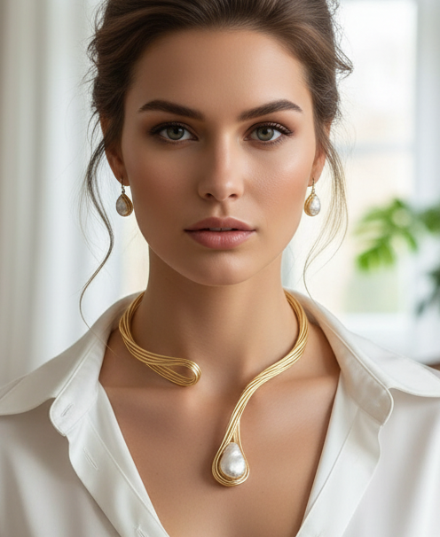 Gold Plated Choker Necklace – Handmade Baroque Pearl Jewelry Set with Adjustable Cuff Bracelet