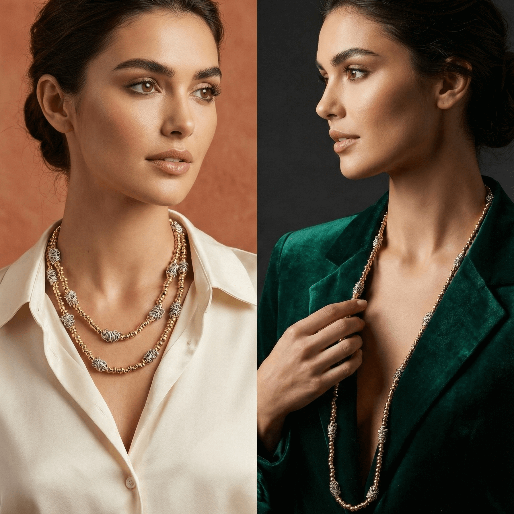 Two women wearing necklaces against different colored backgrounds