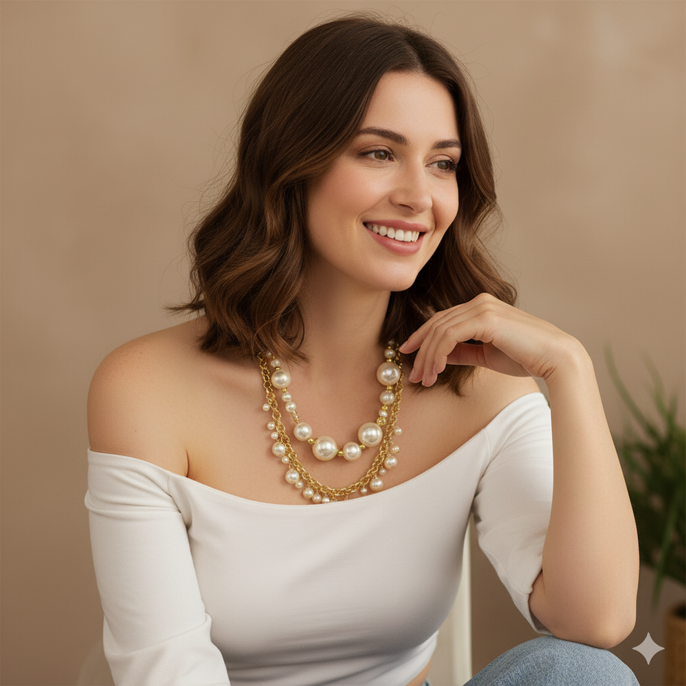 Gold Layered Pearl Necklace - Handmade Adjustable Length Two Layer Jewelry