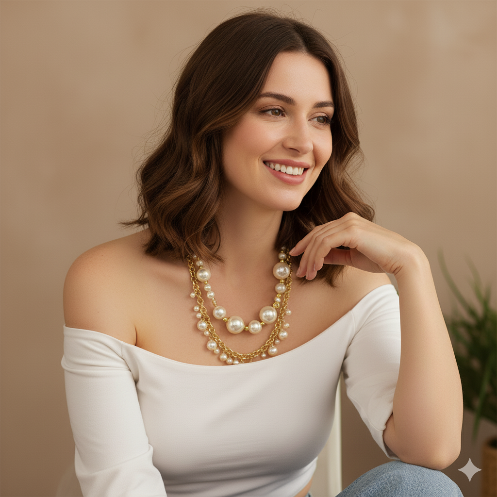 Gold Layered Pearl Necklace - Handmade Adjustable Length Two Layer Jewelry