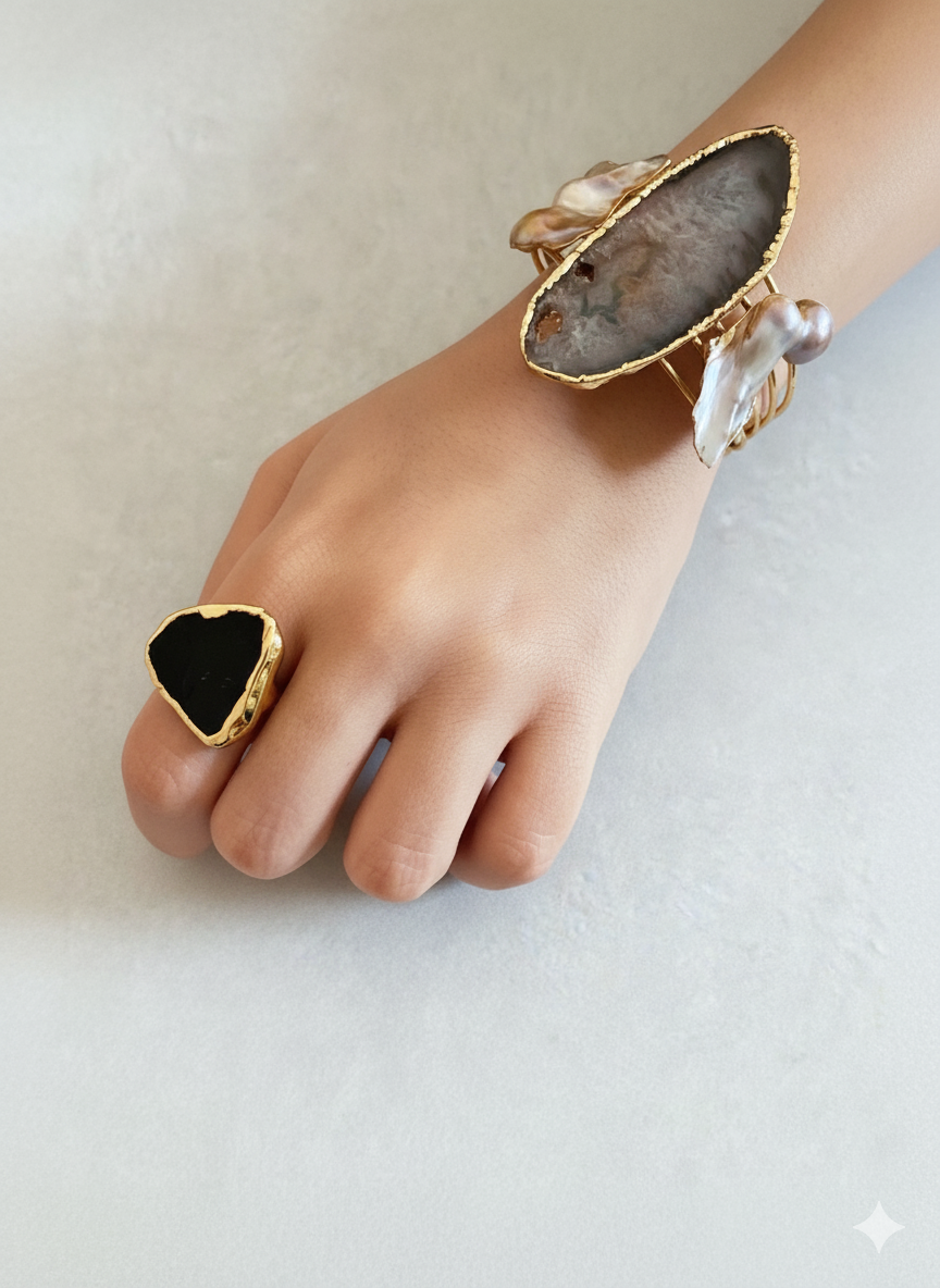 Agate Slice & Baroque Pearl Cuff Bracelet with Matching Ring Set | Statement Jewelry