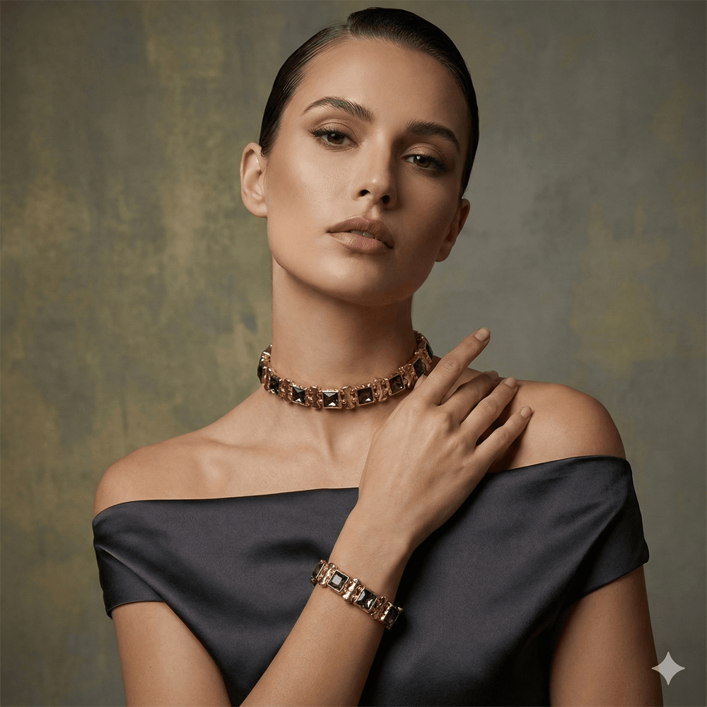 18k Gold Plated Geometric Gray Crystal Choker & Stretch Bracelet Set