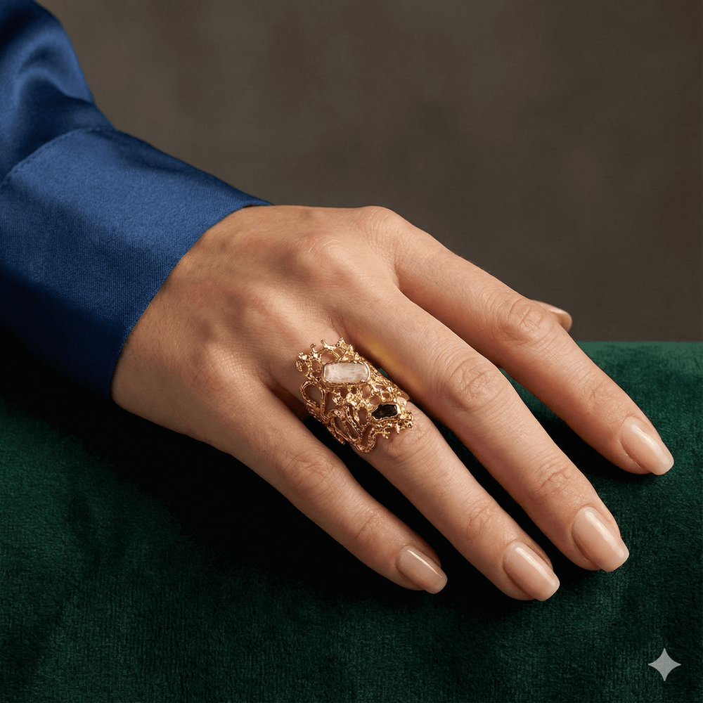18K Gold Plated Geometric Stone Statement Ring, Adjustable Molten Design with Raw Crystals