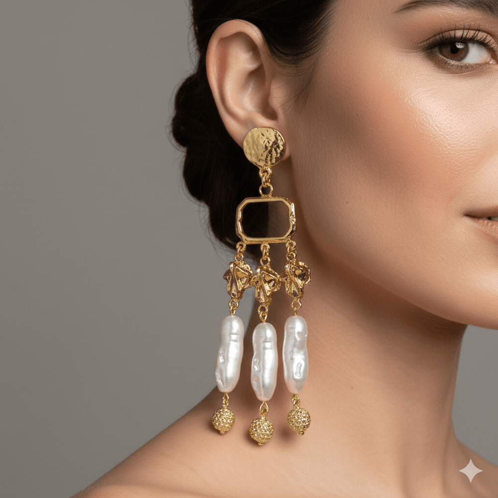 Gold Plated Chandelier Earrings with Elongated Faux Baroque Pearls, 10 cm