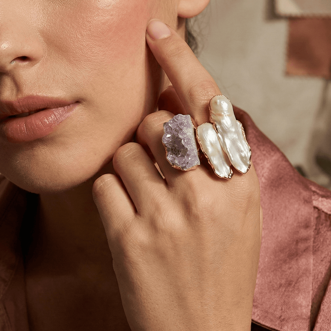 18k Gold Plated Raw Amethyst & Baroque Pearl Open Ring | Adjustable Toi et Moi Cuff