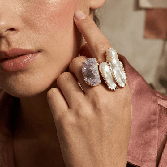 18k Gold Plated Raw Amethyst & Baroque Pearl Open Ring | Adjustable Toi et Moi Cuff