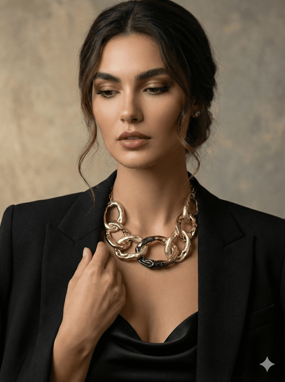 18k Gold Plated Two-Tone Chunky Chain Necklace & Earring Set - Bold Hammered Link Statement Jewelry