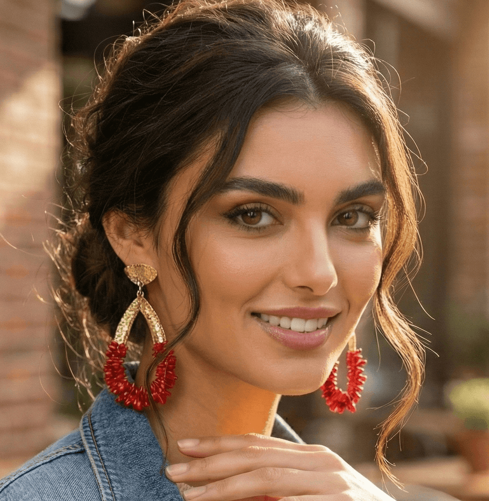 Gold Plated Hammered Teardrop Earrings with Red Coral Beads - 9cm