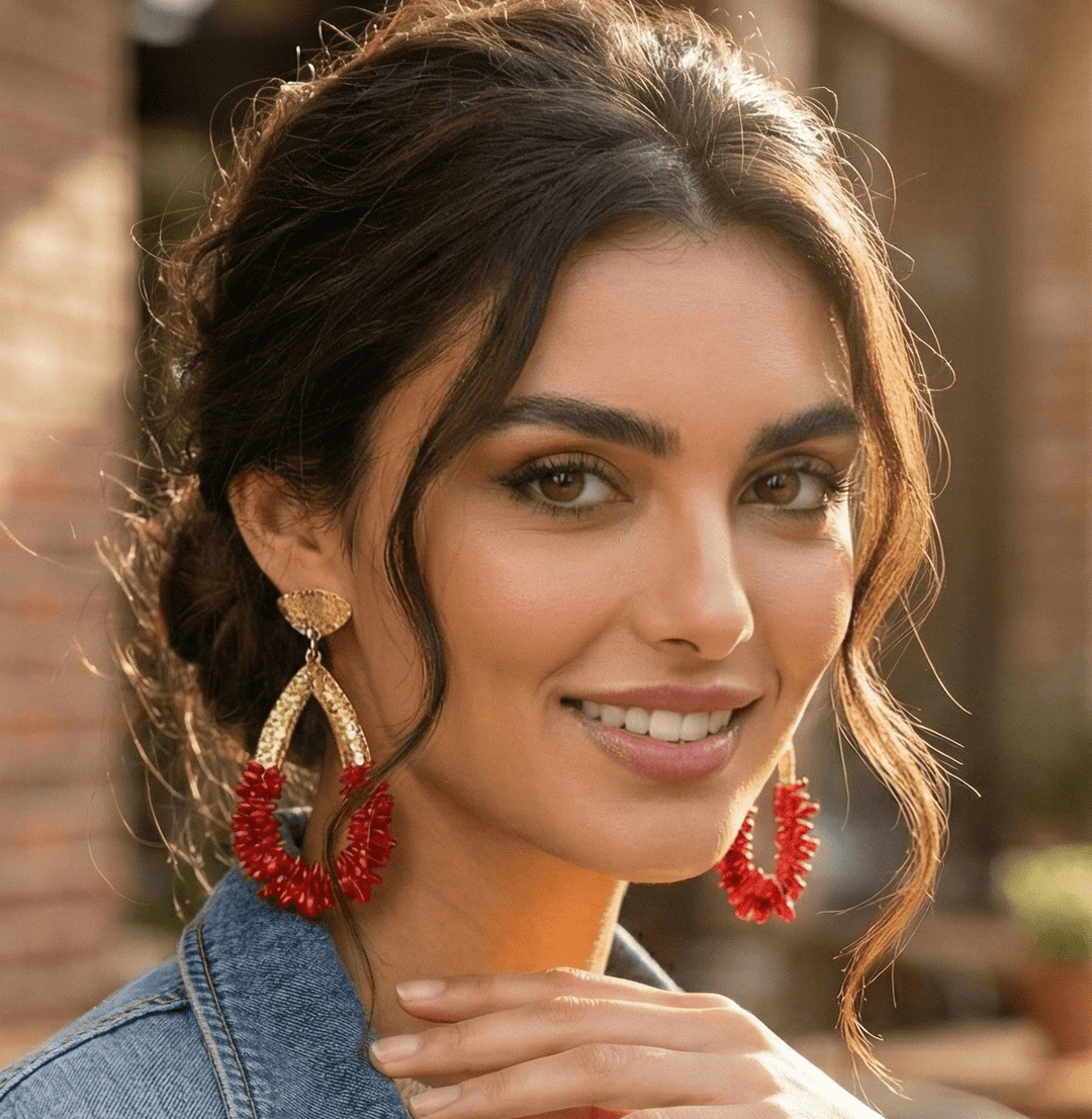 Gold Plated Hammered Teardrop Earrings with Red Coral Beads - 9cm