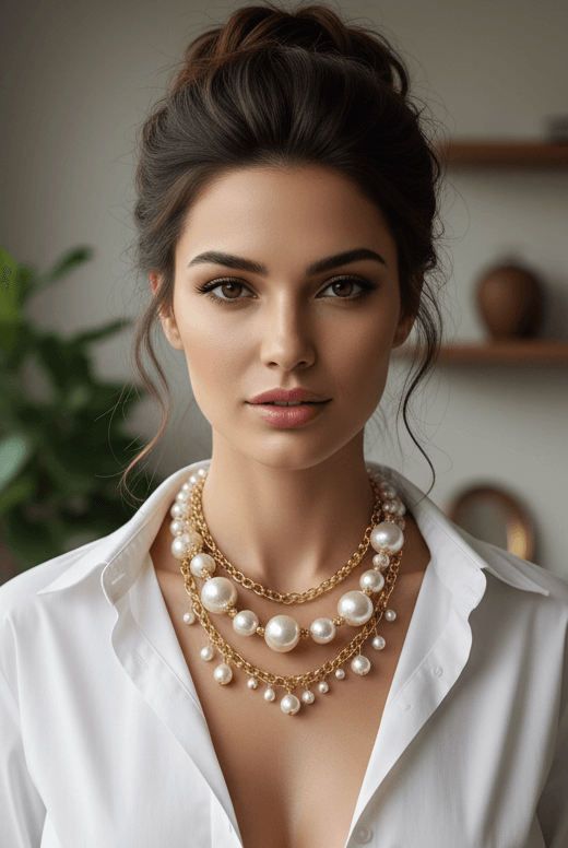 Woman wearing a pearl necklace with a blurred indoor background