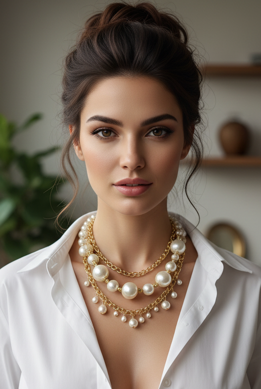 Gold Layered Pearl Necklace - Handmade Adjustable Length Two Layer Jewelry