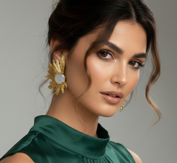 Handmade 18K Gold Plated Starburst Stud Earrings with White Moonstone