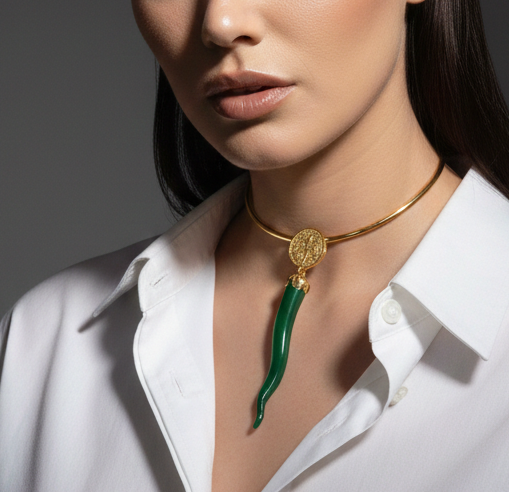 24K Gold Plated Open Choker Necklace with Green Italian Horn Pendant , Good Luck Cornicello Jewelry
