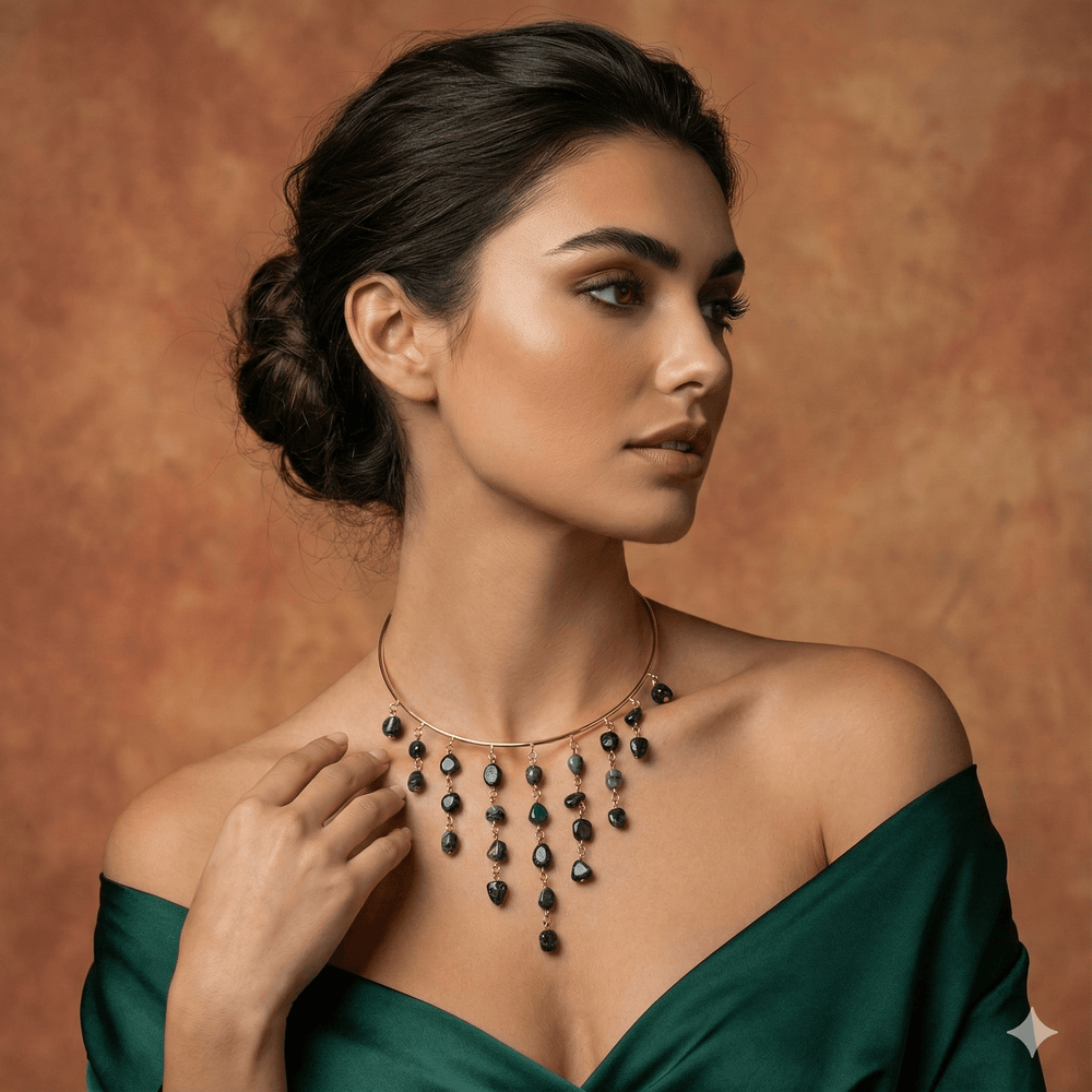 18K Gold Plated Wire Collar Choker with Cascading organic Dark Green Gemstone Tumbled Stone Fringe