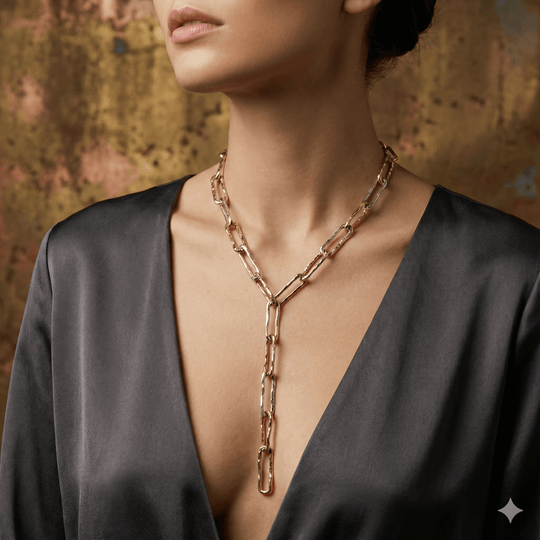 18k Vergulde Getextureerde Lariat Ketting - Langwerpige Schakel Y-Ketting (59cm)