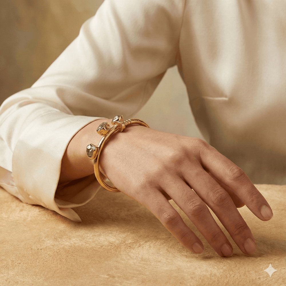 18k Gold Plated Raw Stone Trio Bangle | Hinged Cuff Bracelet