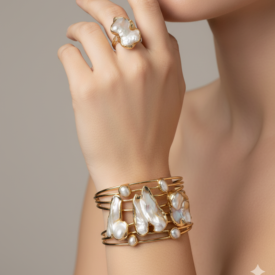 Gold Baroque Pearl Bracelet – Artisan Gold Cuff & Statement Pearl Ring Set