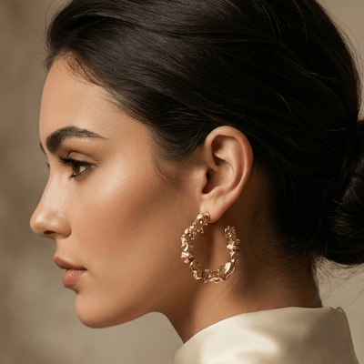 18K Gold Plated Textured Crinkled Molten Open Hoop Earrings, 4cm