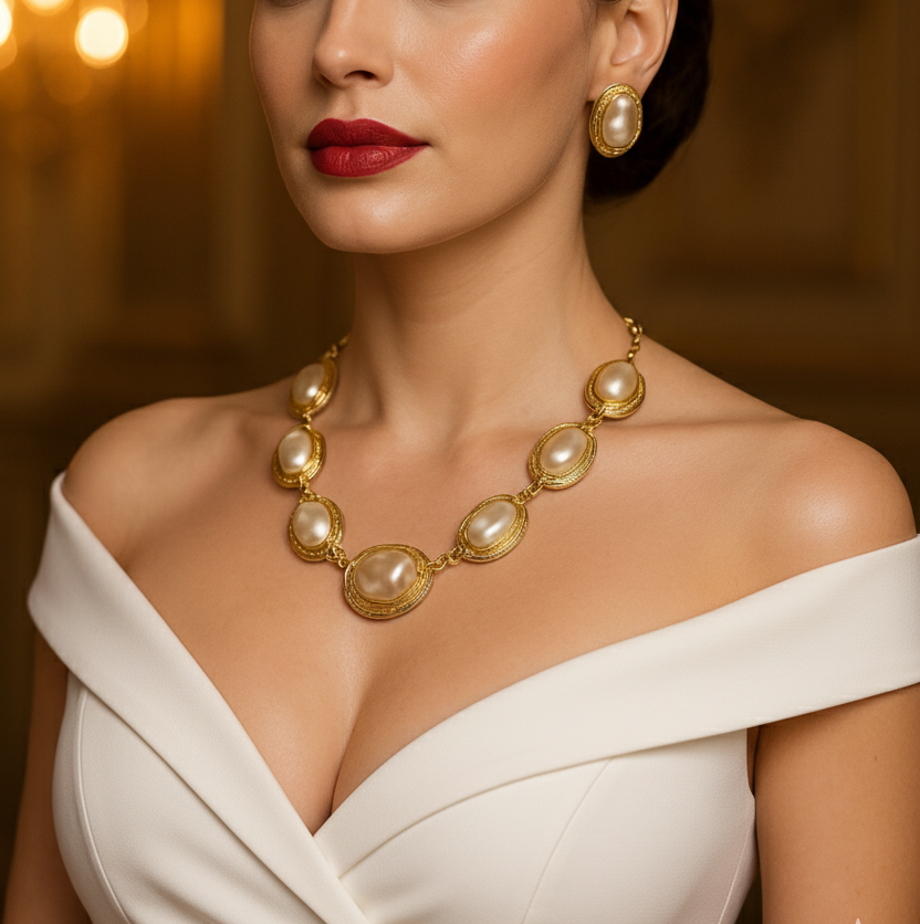 Handmade Gold Plated Baroque Pearl Necklace Statement & Earrings Set
