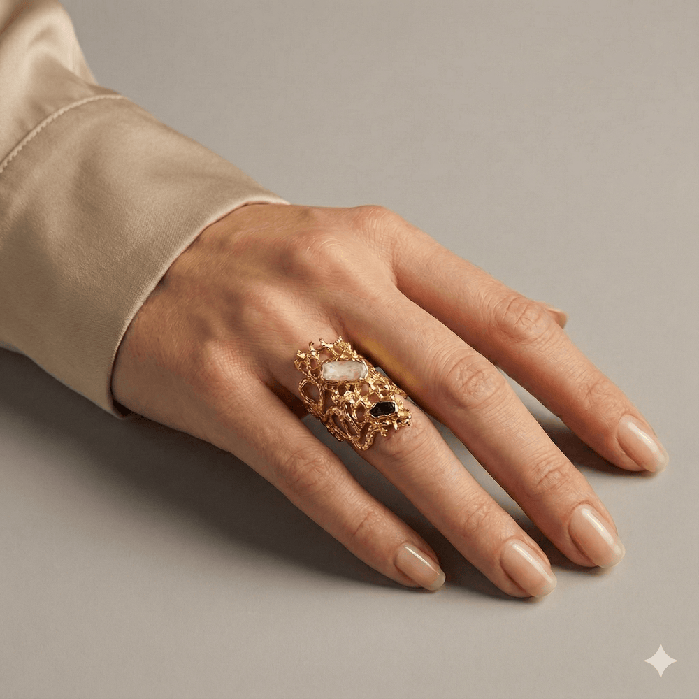 18K Gold Plated Geometric Stone Statement Ring, Adjustable Molten Design with Raw Crystals