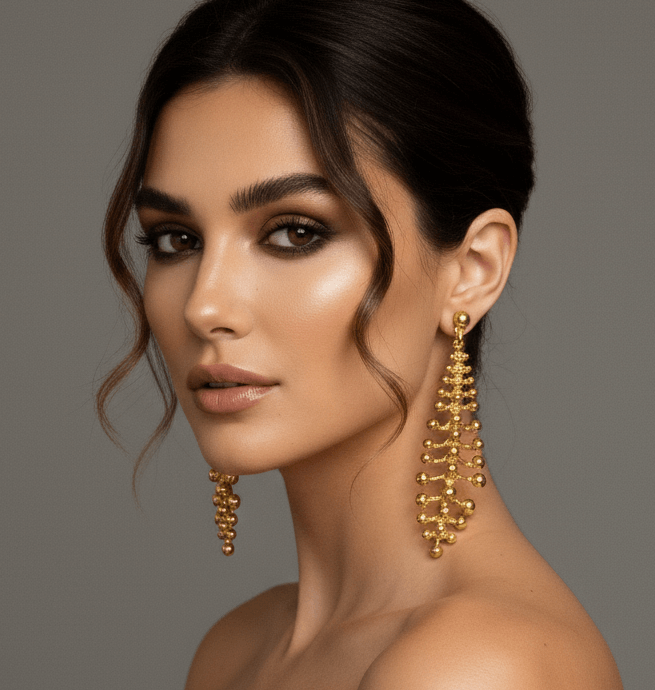 Gold Plated Architectural Beaded Chandelier Earrings- 8cm