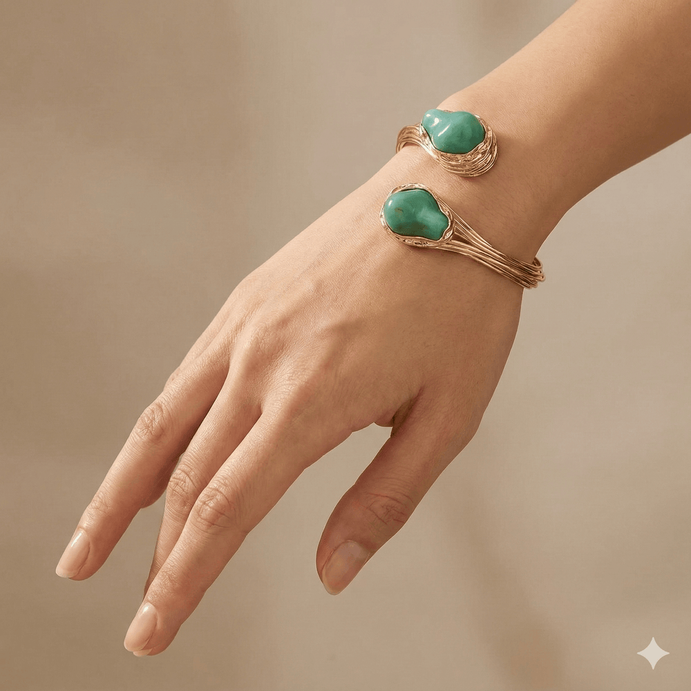 18k Gold Plated Twisted Wire Open Cuff Bangle with Resin Blue Stones