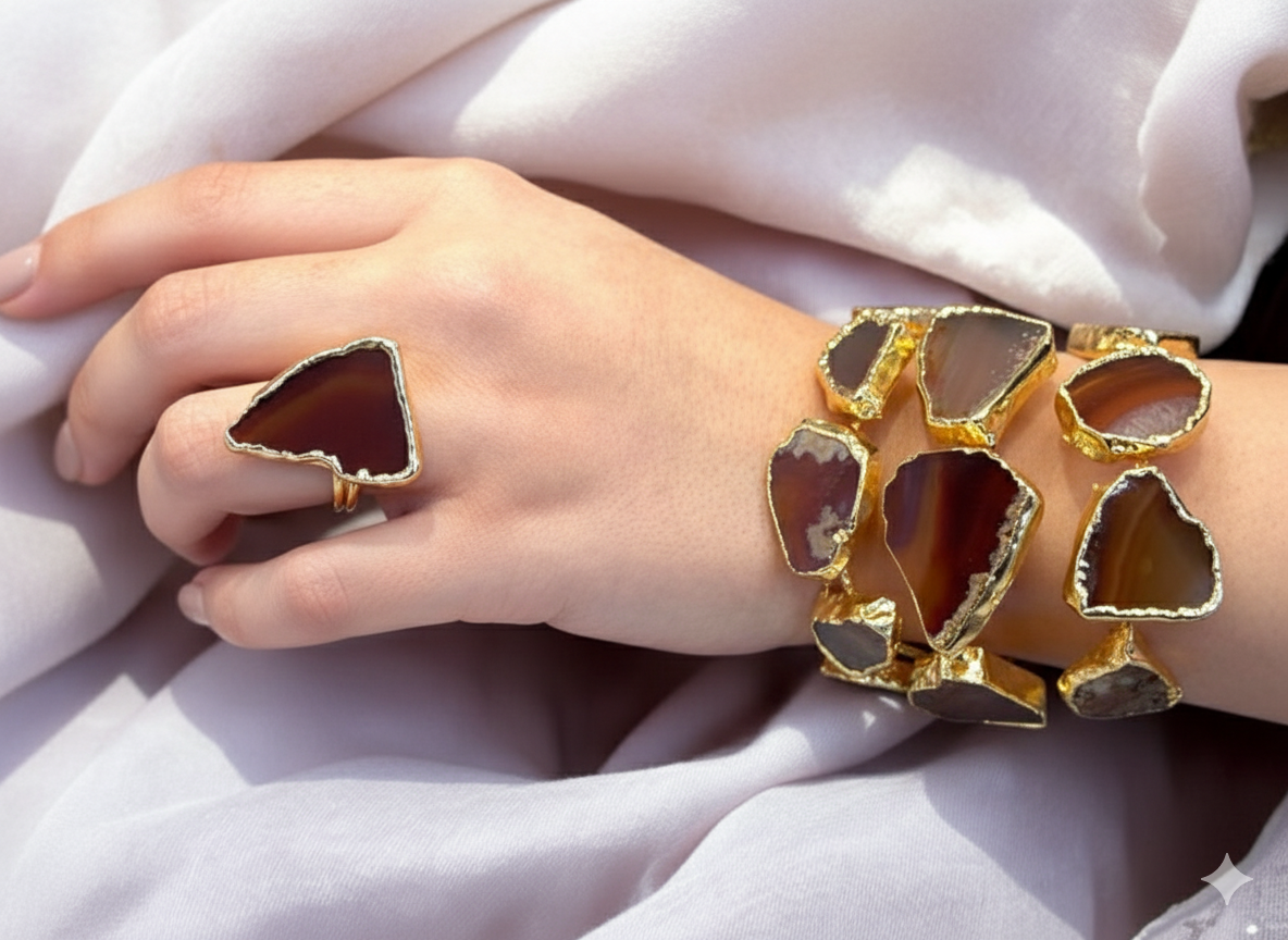 Raw Agate Slice Gold Plated Statement Ring & Cuff Bracelet Set