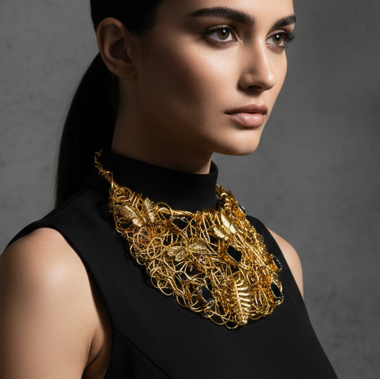Handgemaakte 24k Vergulde "Golden Bloom" Statement Ketting - Natuurlijke Zwarte Toermalijn & Filigraan Vlinder Bib