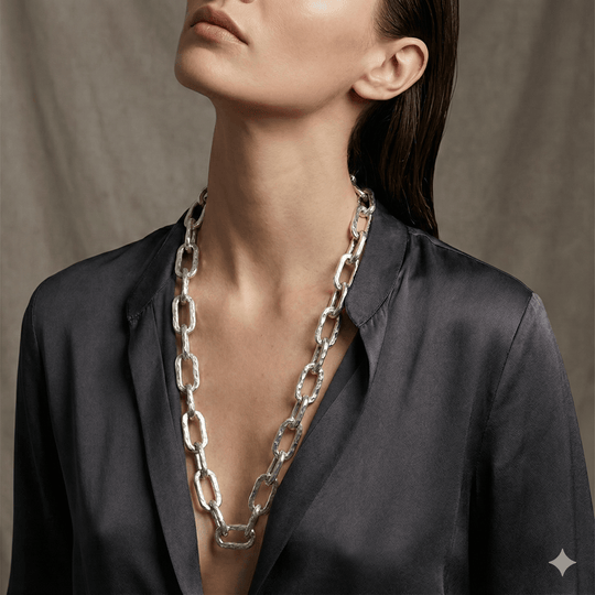 Handgemaakte Gehamerde Lange Schakelketting - 80cm Getextureerde Paperclip Ketting