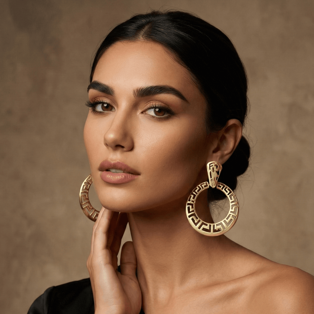 Oversized Greek Key Gold Plated Door Knocker Hoop Earrings - 6cm