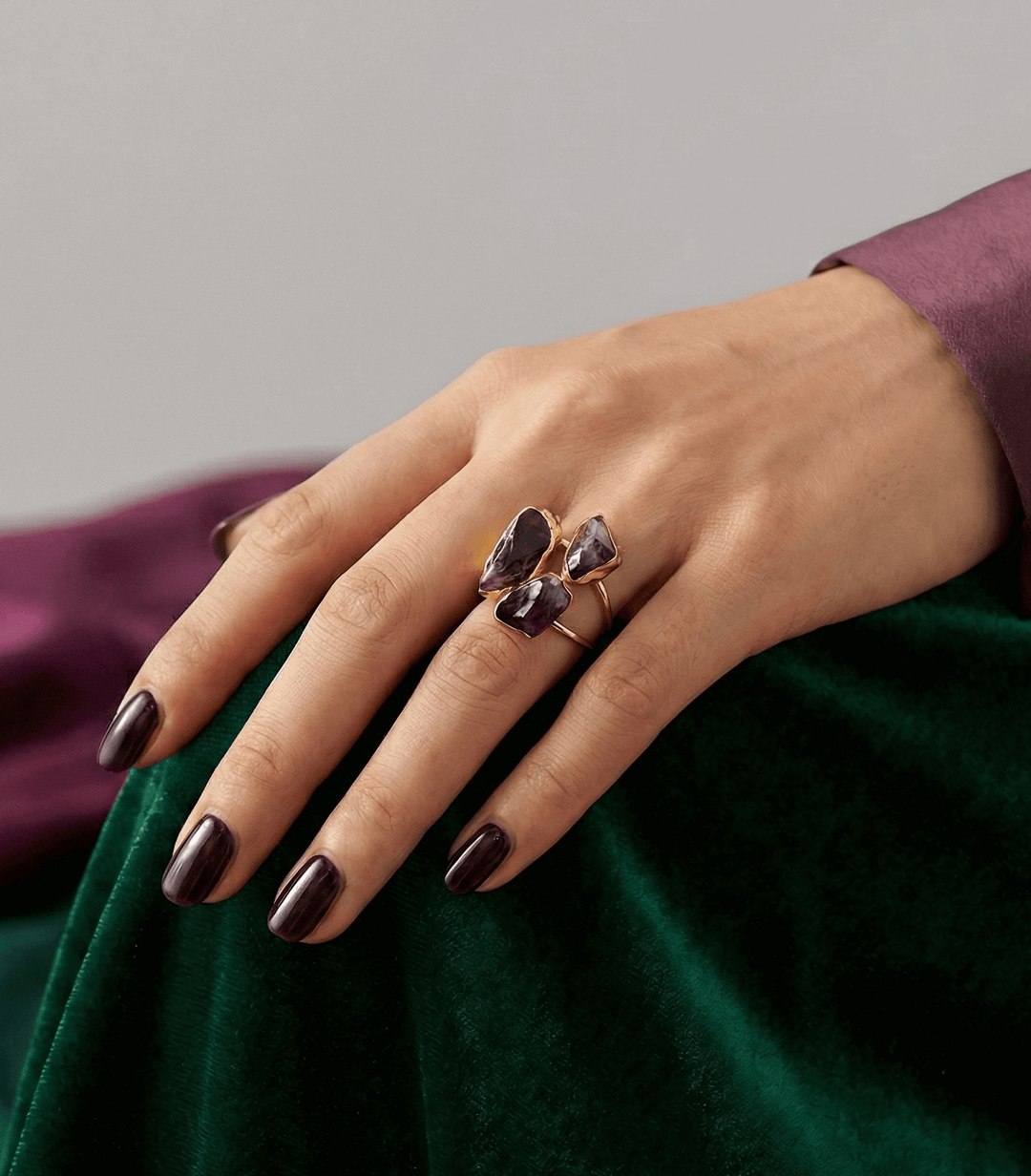 18k Gold Plated Raw Amethyst Statement Ring | Triple Stone Adjustable Cluster