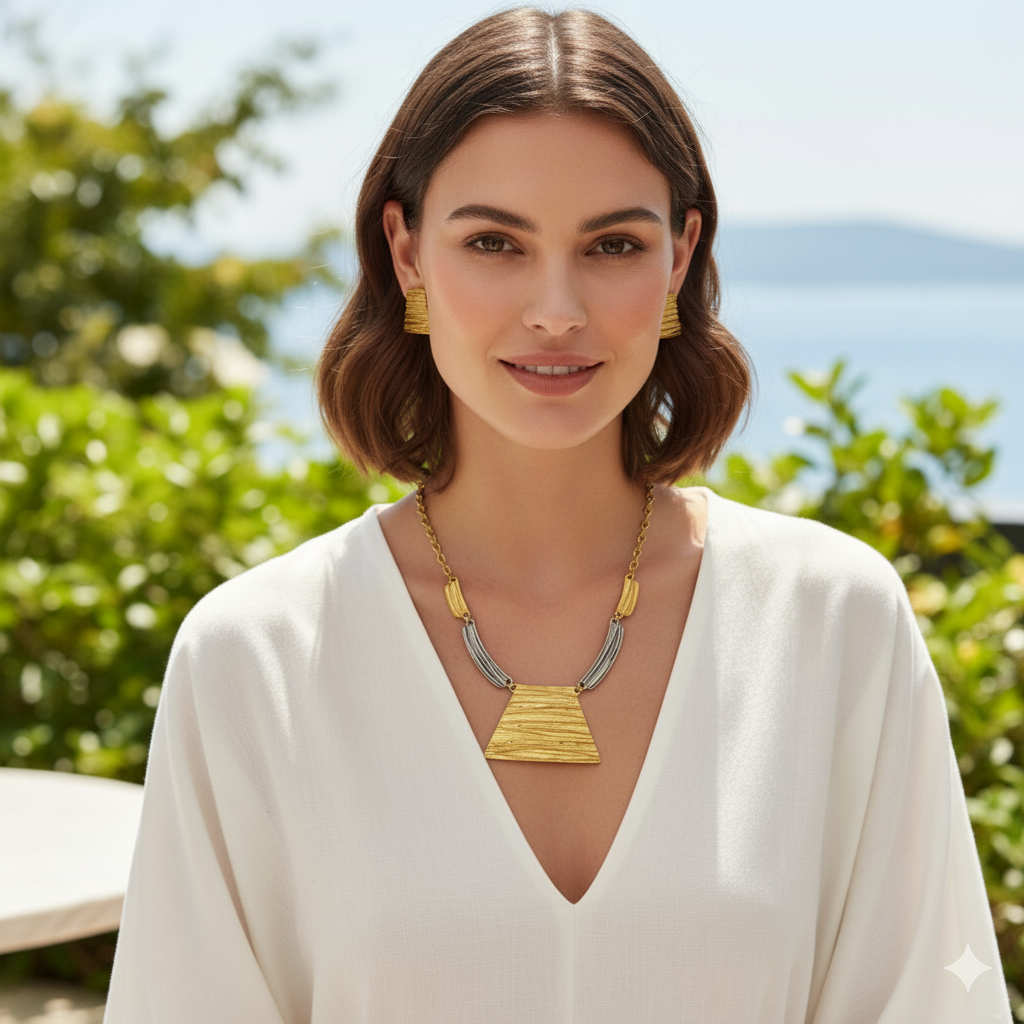 Bold Geometric Bib Necklace  Earring Set - Handmade Two-tone Silver Gold Plated Jewelry,