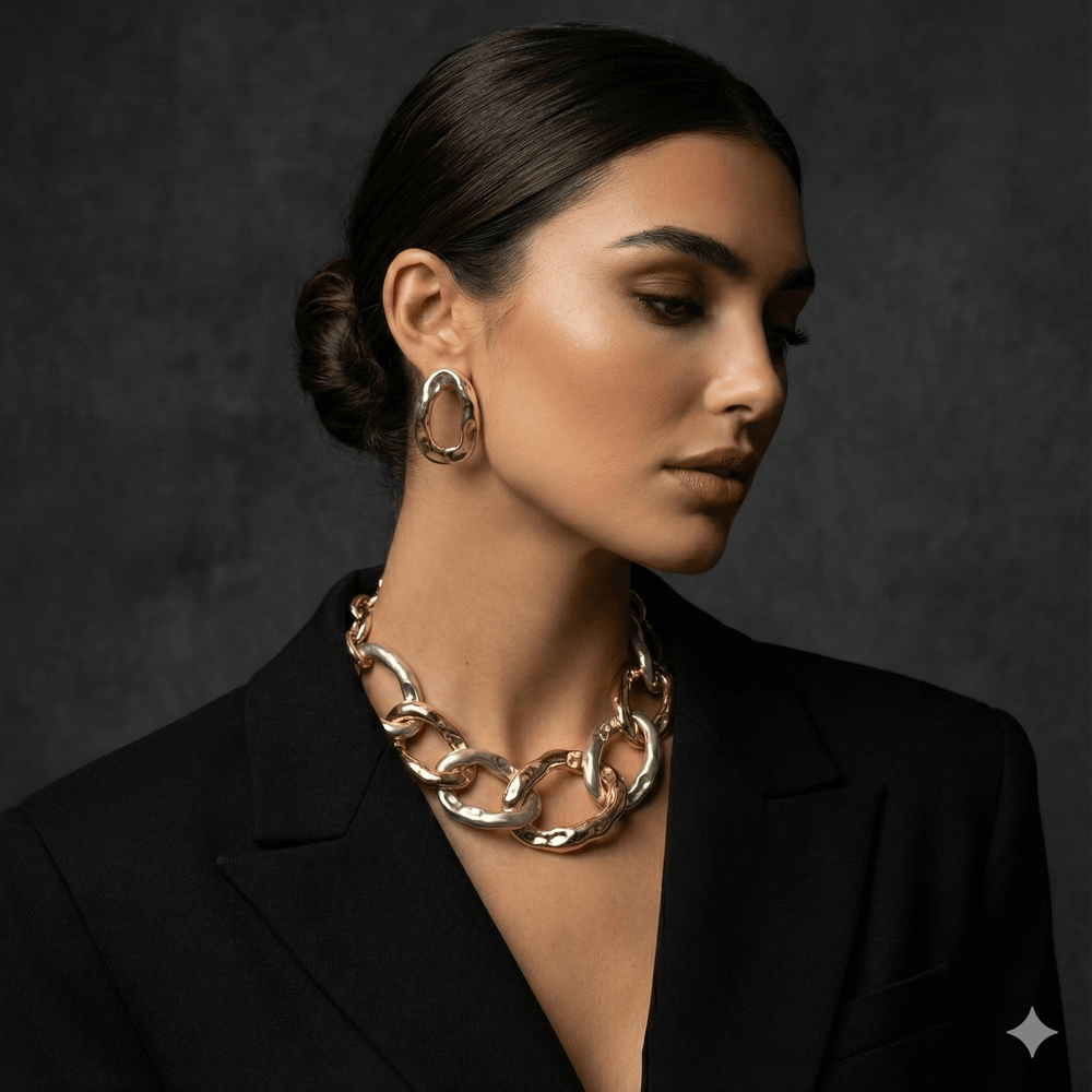 18k Gold Plated Two-Tone Chunky Chain Necklace & Earring Set - Bold Hammered Link Statement Jewelry